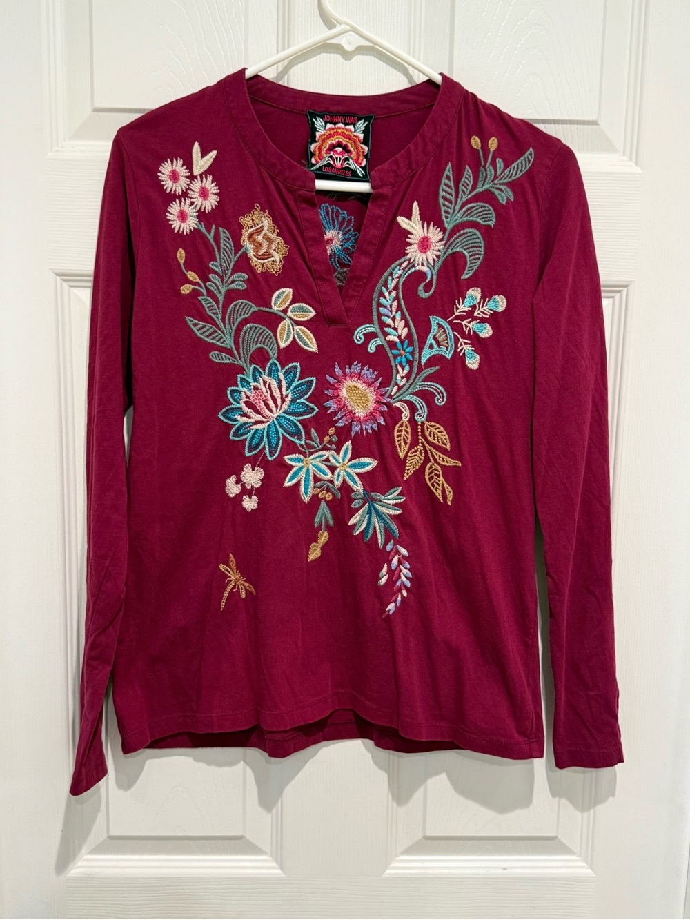 Johnny Was Burgundy Long-Sleeve Floral Embroidered Split-Neck Top
